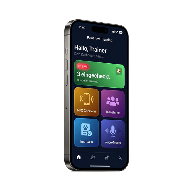 PfotenPass App Dashboard zeigt NFC Check-in, Rudel-Check und Impfkontrolle auf einem iPhone