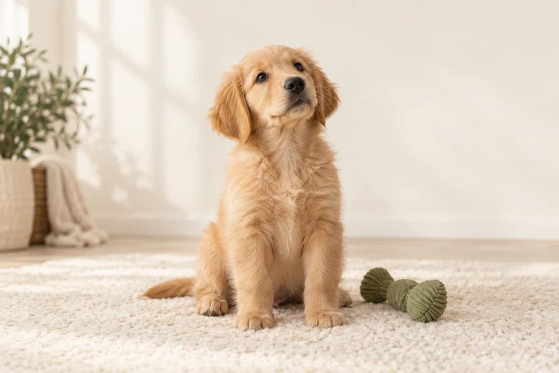 Ein neugieriger Golden-Retriever-Welpe, KI-generiertes Illustrationsbild